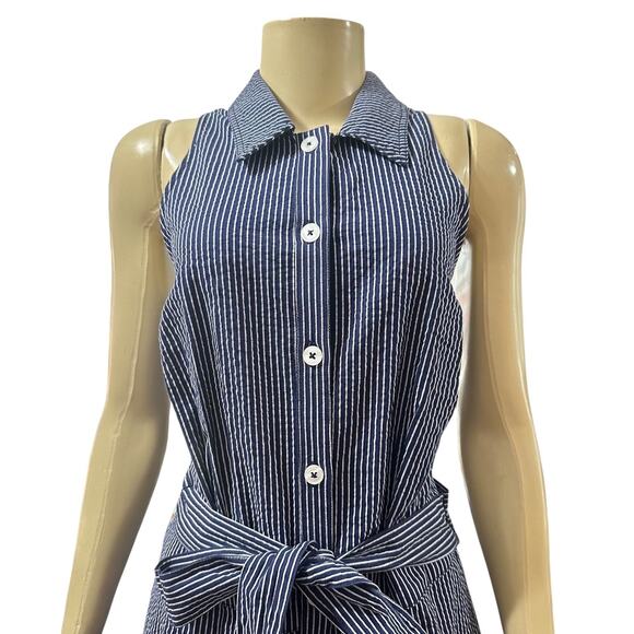 Anthropologie Maeve Size 10 Jumpsuit Wide Leg Blue Collared Striped Modern Chic - Picture 3 of 15